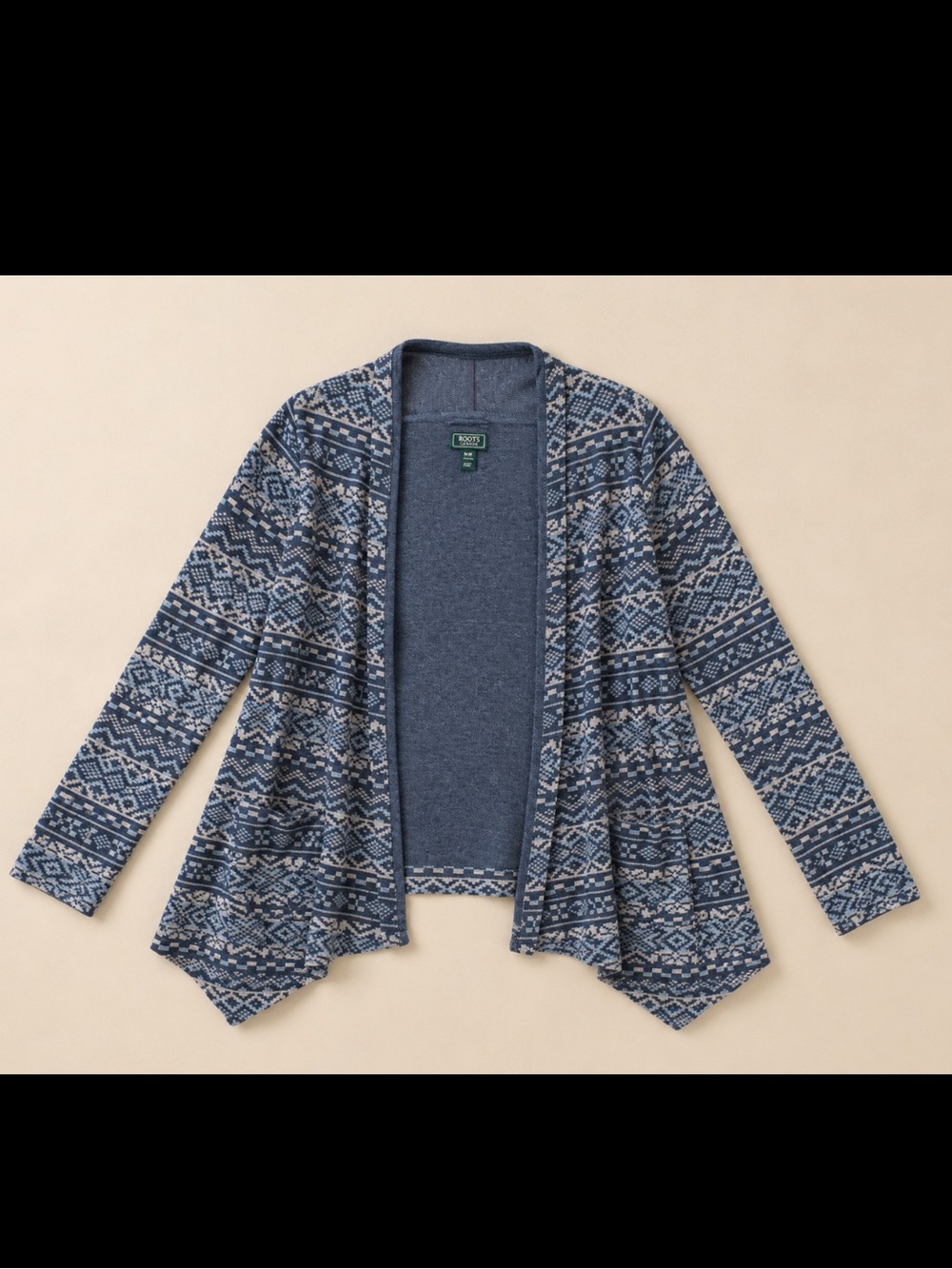 Roots Canada Fair Isle Open Cardigan Sweater Blue Nordic Knit Size Medium Office